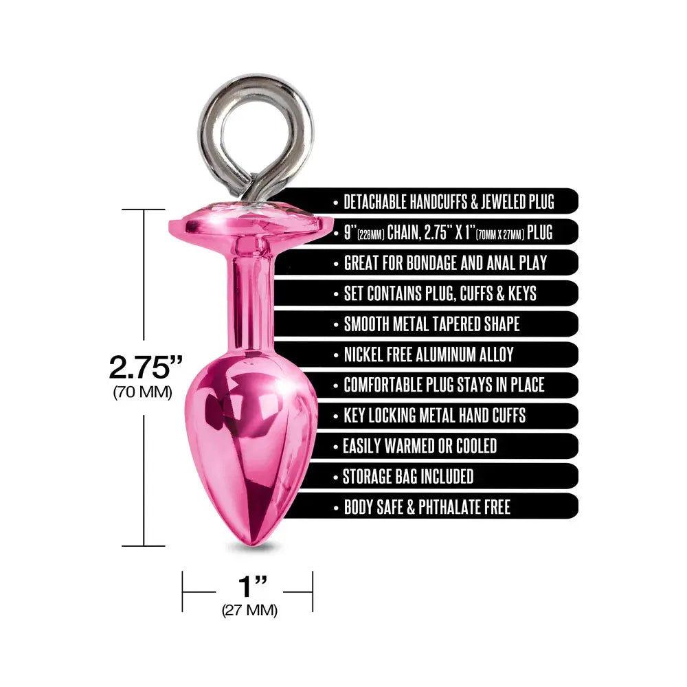 Metal Butt Plug with Attached Sex Handcuff Set Medium Pink Metallic  Anal - Kits