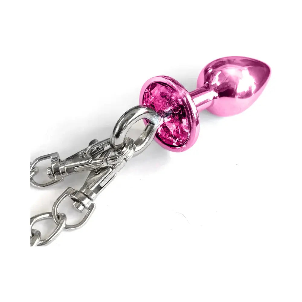Metal Butt Plug with Attached Sex Handcuff Set Medium Pink Metallic  Anal - Kits