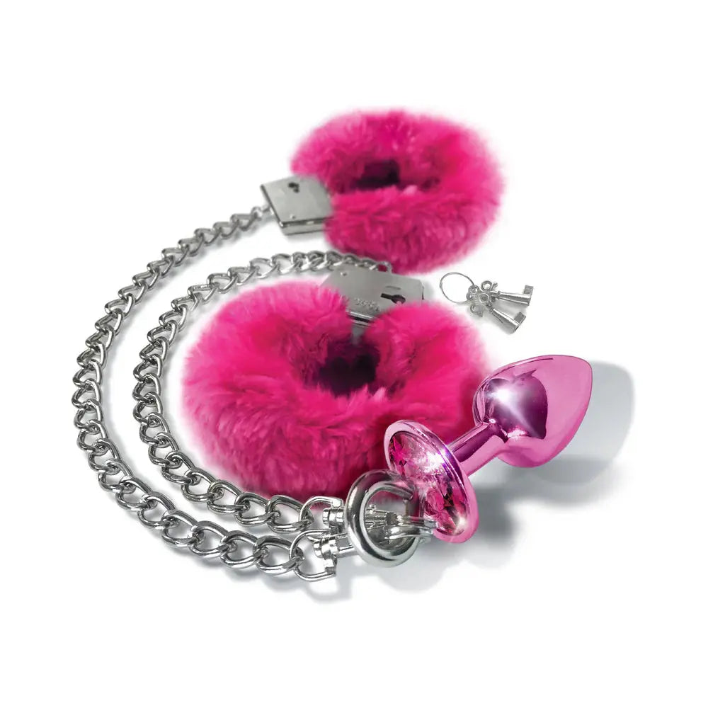 Metal Butt Plug with Attached Sex Handcuff Set Medium Pink Metallic  Anal - Kits