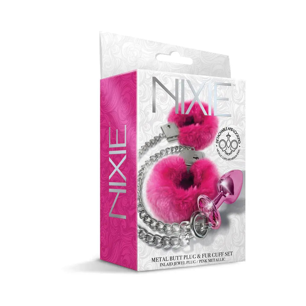 Metal Butt Plug with Attached Sex Handcuff Set Medium Pink Metallic  Anal - Kits