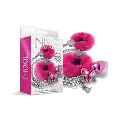 Metal Butt Plug with Attached Sex Handcuff Set Medium Pink Metallic  Anal - Kits