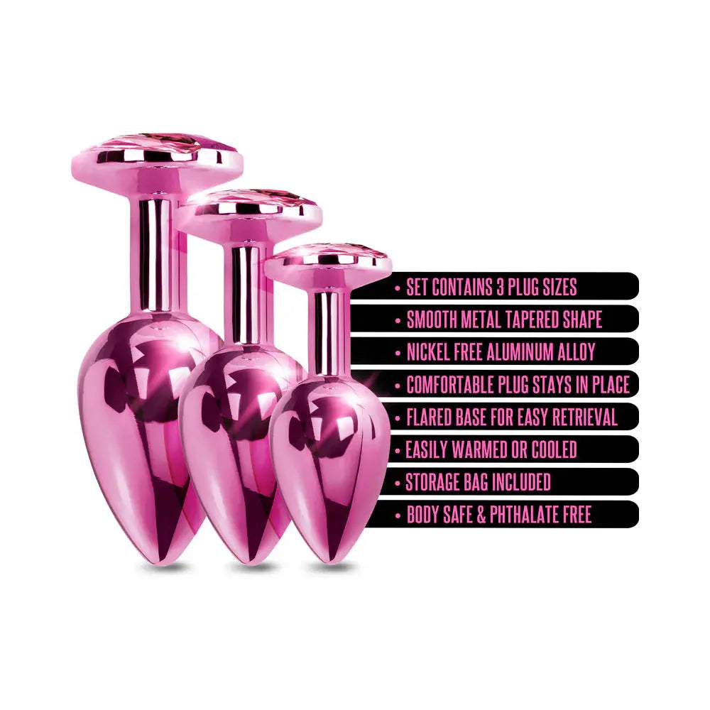 Metal Wide Base Jewel Butt Plug Anal Trainer Set 3-Piece Pink Metallic  Anal Training