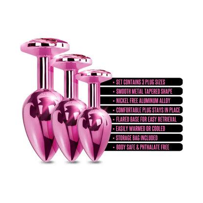 Metal Wide Base Jewel Butt Plug Anal Trainer Set 3-Piece Pink Metallic  Anal Training