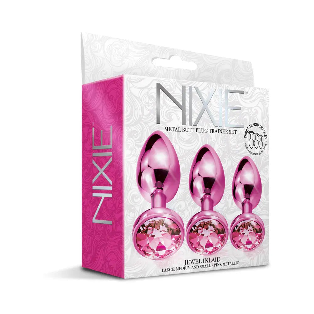Metal Wide Base Jewel Butt Plug Anal Trainer Set 3-Piece Pink Metallic  Anal Training