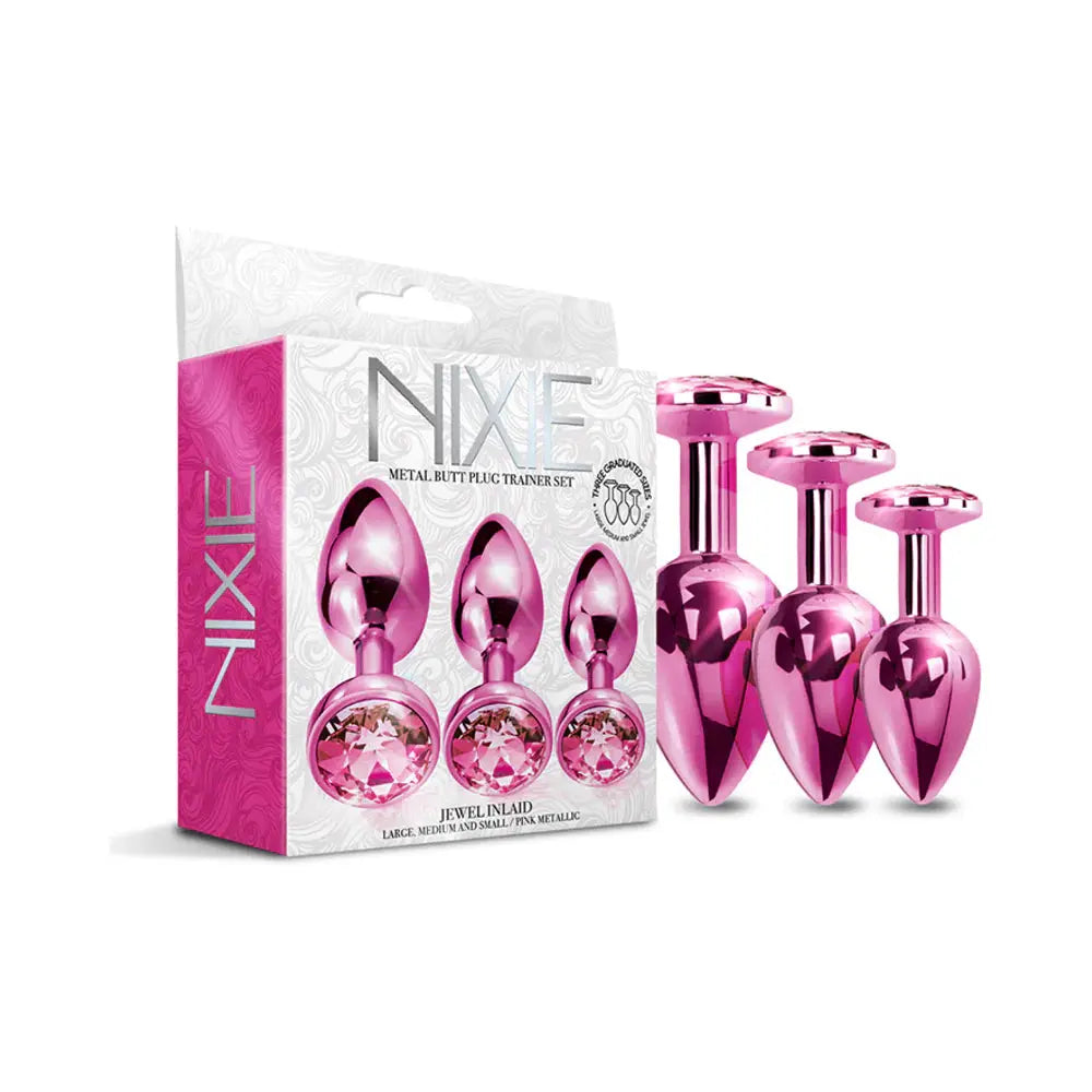 Metal Wide Base Jewel Butt Plug Anal Trainer Set 3-Piece Pink Metallic  Anal Training