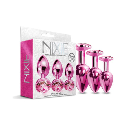 Metal Wide Base Jewel Butt Plug Anal Trainer Set 3-Piece Pink Metallic  Anal Training