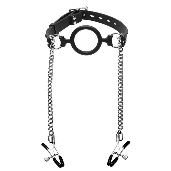 Mutiny Silicone O-Ring Gag with Nipple Clamps  Masks, Gags and Blindfolds