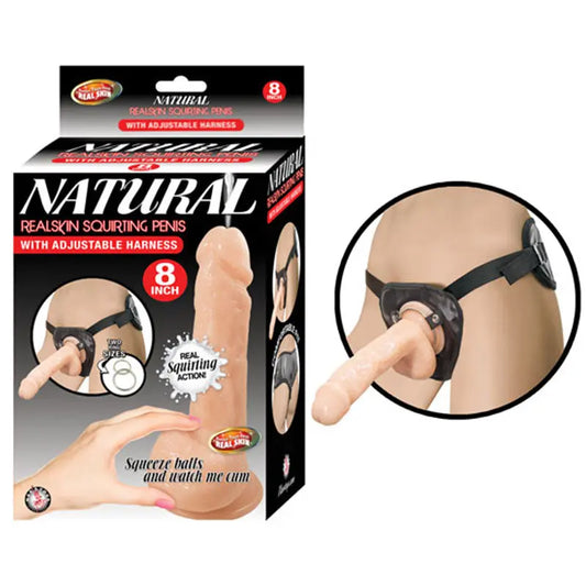 Natural Realskin Squirting Penis W/Adjustable Harness 8in Flesh  Harnesses