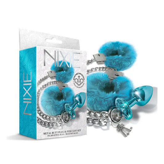 Nixie Metal Butt Plug & Furry Handcuff Set Medium Blue Metallic  Anal - Kits