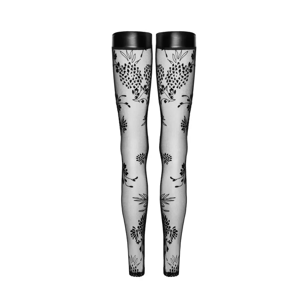 Noir Handmade Tulle Stockings With Patterned Flock Embroidery XL  Lingerie - Body Stockings