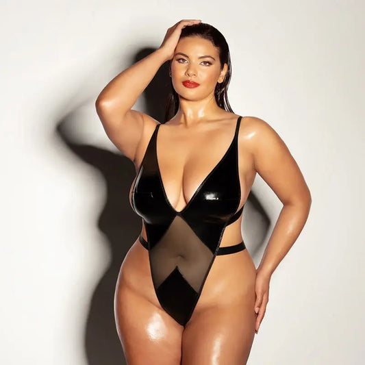 Oh La La Cheri Limitless Soft Cup High Leg Vinyl and Mesh Teddy 1XL/2XL  Lingerie - Baby dolls Chemises etc