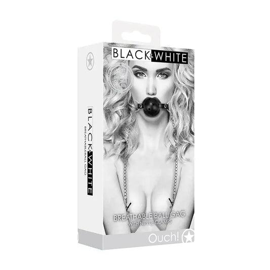 Ouch! Black & White Breathable Ball Gag With Nipple Clamps Black  Fetish - Gags