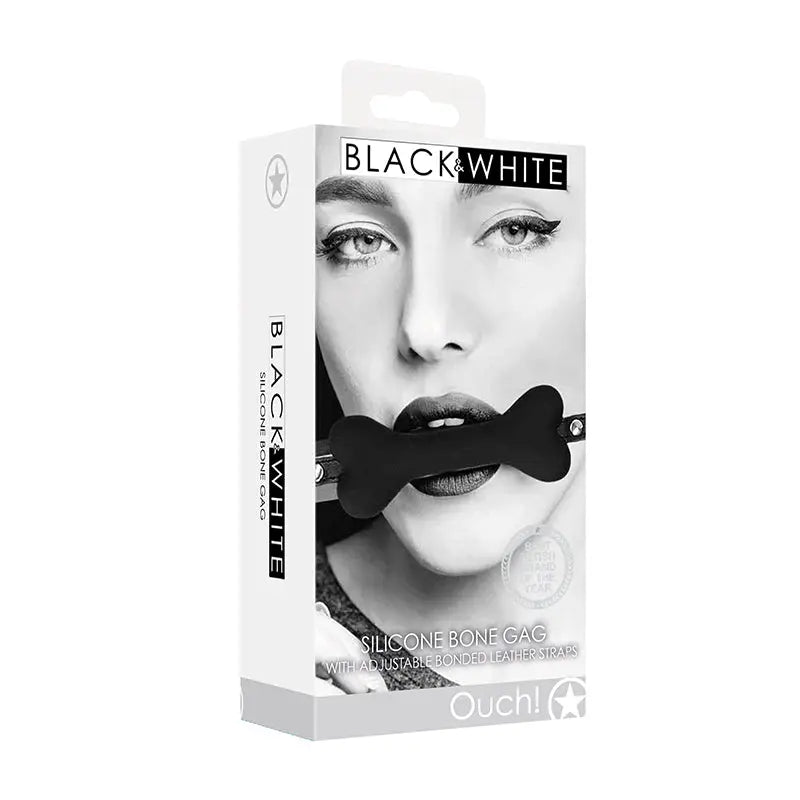 Ouch! Black & White Silicone Bone Gag With Adjustable Bonded Leather Straps Black  Fetish - Masks