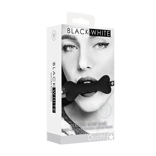 Ouch! Black & White Silicone Bone Gag With Adjustable Bonded Leather Straps Black  Fetish - Masks