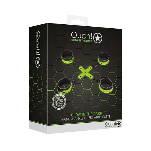 Ouch! Glow in the Dark Hand & Ankle Cuffs With Hogtie Set Neon Green  Fetish - Cuffs & Restraints