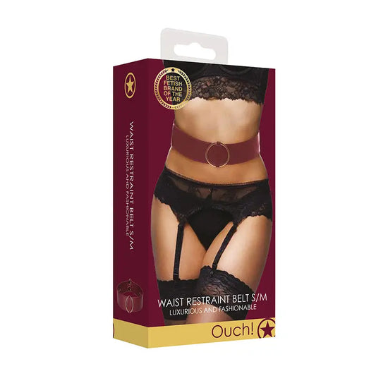Ouch! Halo Ringed Waist Restraint Belt Burgundy S/M  Fetish - Whips Crops & Paddles