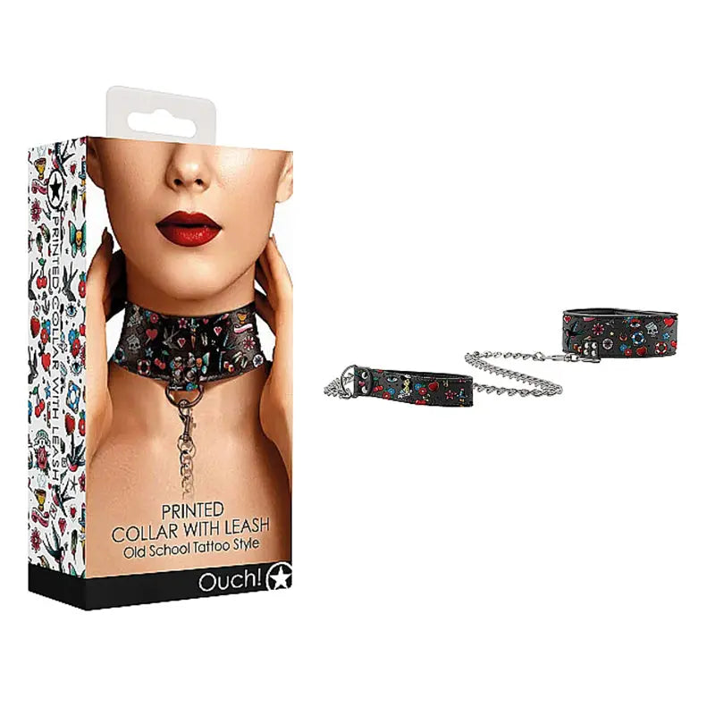 Ouch! Old School Tattoo Style Adjustable Printed Collar With Leash Multi-Color  Fetish - Cuffs & Restraints