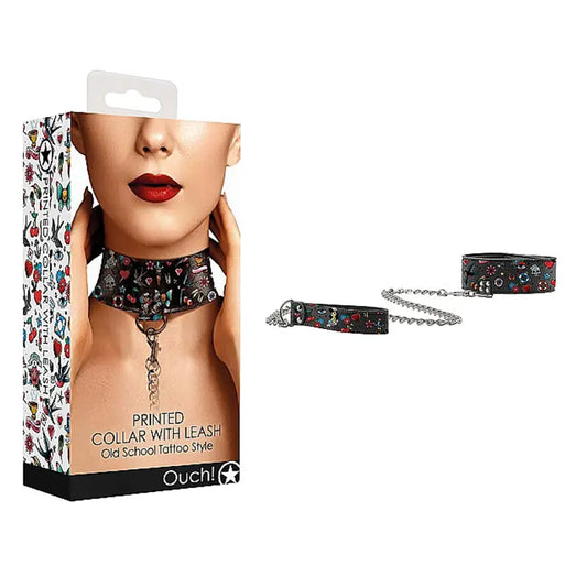 Ouch! Old School Tattoo Style Adjustable Printed Collar With Leash Multi-Color  Fetish - Cuffs & Restraints