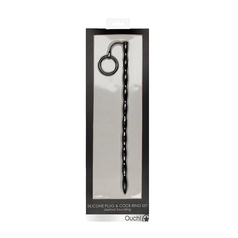 Ouch! Urethral Sounding Silicone Plug & Cock Ring Set Black 10 mm  Fetish - Urethral