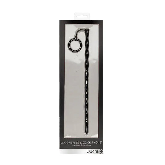 Ouch! Urethral Sounding Silicone Plug & Cock Ring Set Black 10 mm  Fetish - Urethral