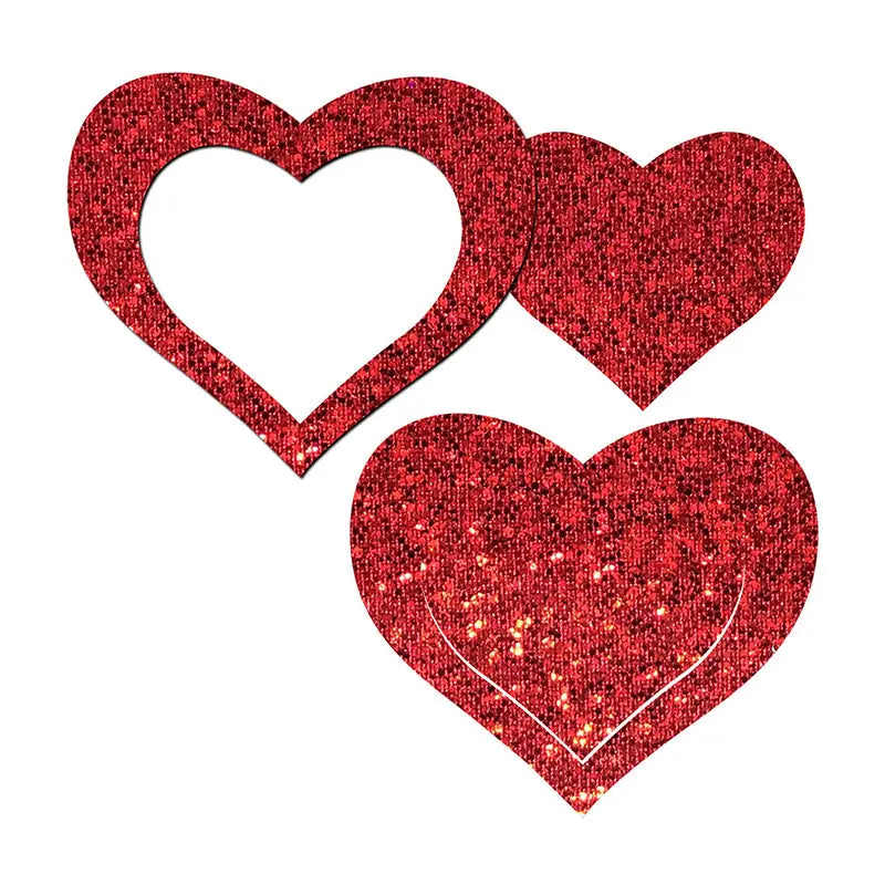 Pastease Peek-a-Boob: Red Glitter Heart Frame & Center Nipple Pasties  Lingerie - Pasties and Tassels