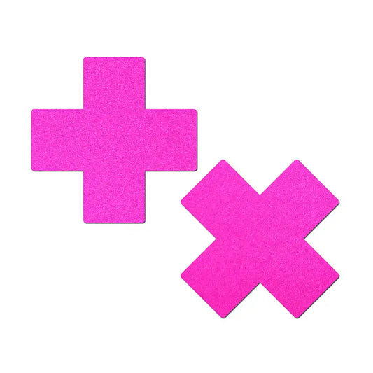 Pastease Plus X: Neon Pink Day-Glow Lycra Cross Nipple Pasties  Lingerie - Pasties and Tassels