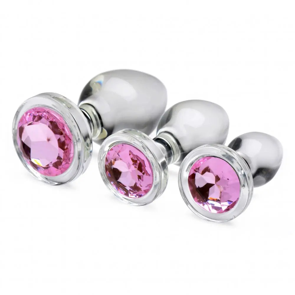 Pink Gem Glass Anal Plug Sex Toy Set - Wide Base Jewel Butt Plug Set  Metal Anal Plug Sex Toy