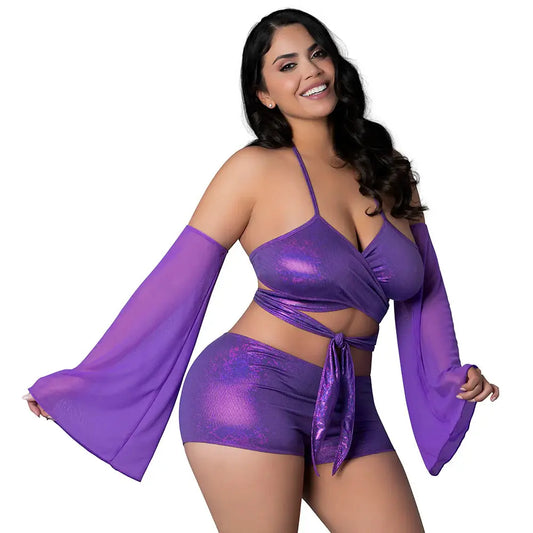 Plus Glimmer Wrap Bralette, Booty Shorts & Sleeve Set Purple Disco Queen Size  Lingerie - Bra and Panty sets