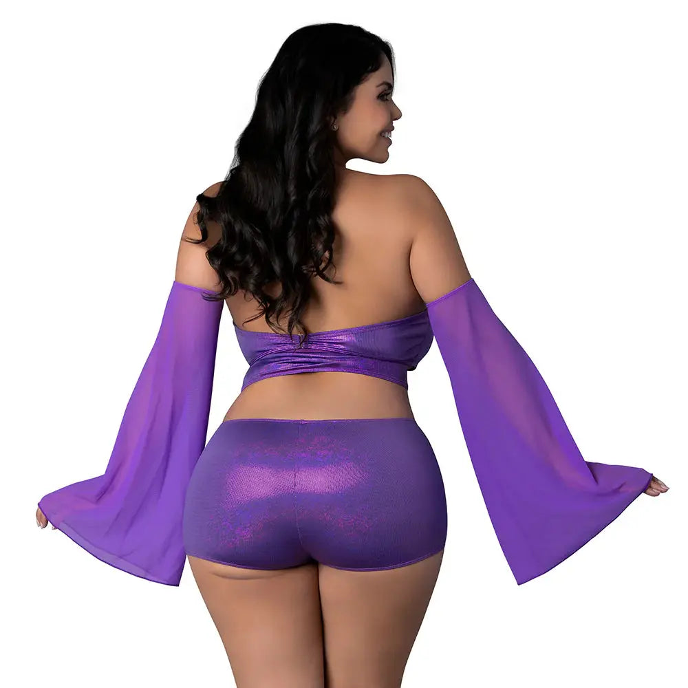 Plus Glimmer Wrap Bralette, Booty Shorts & Sleeve Set Purple Disco Queen Size  Lingerie - Bra and Panty sets