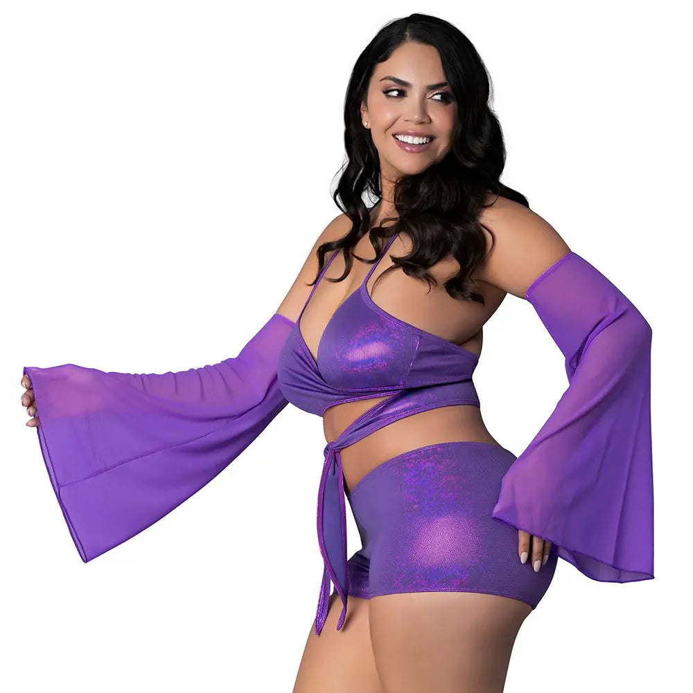 Plus Glimmer Wrap Bralette, Booty Shorts & Sleeve Set Purple Disco Queen Size  Lingerie - Bra and Panty sets