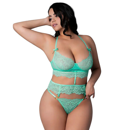 Plus Lingerie Demi Longline Bra & Panty with Flounce Aqua Glow Queen Size  Lingerie - Bra and Panty sets