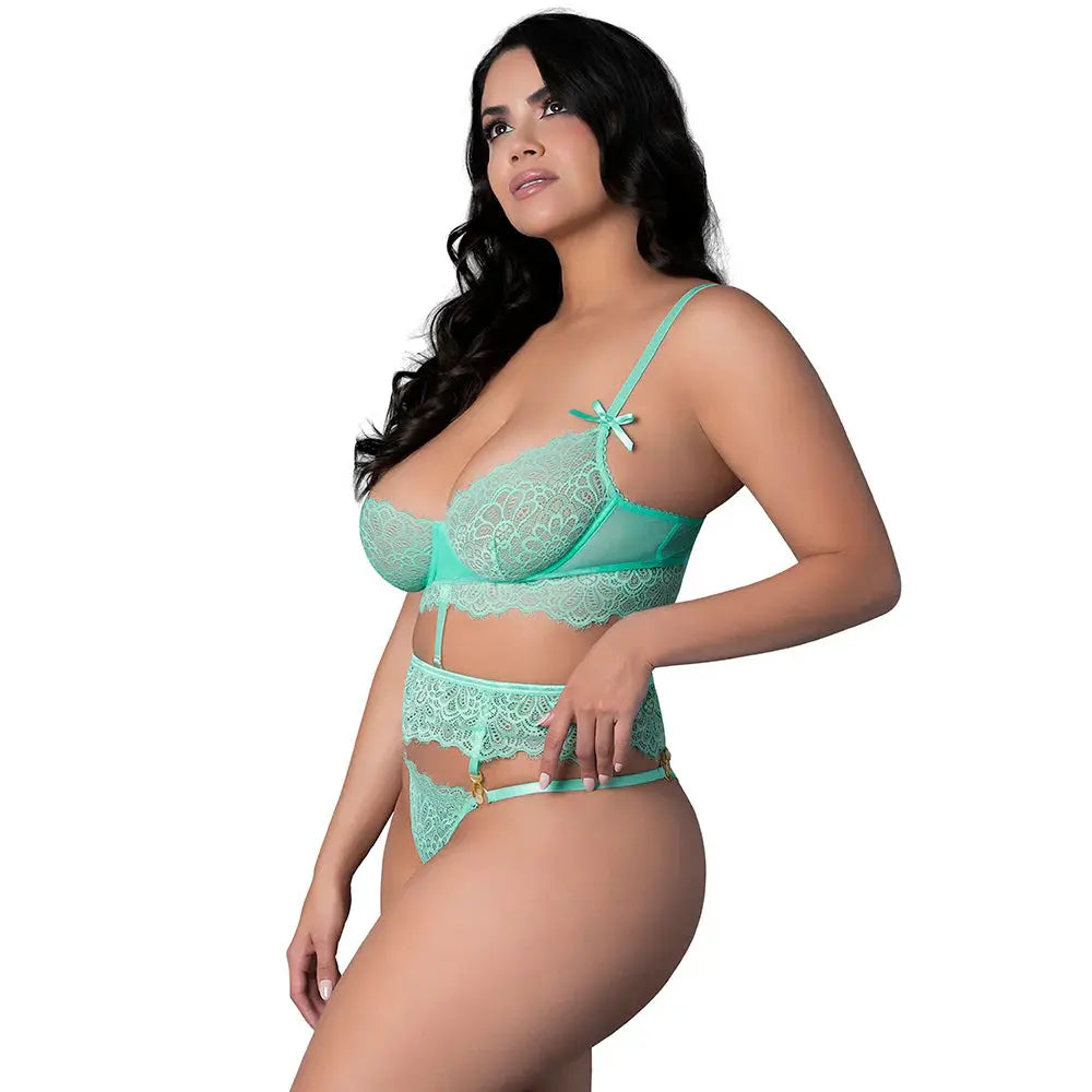 Plus Lingerie Demi Longline Bra & Panty with Flounce Aqua Glow Queen Size  Lingerie - Bra and Panty sets