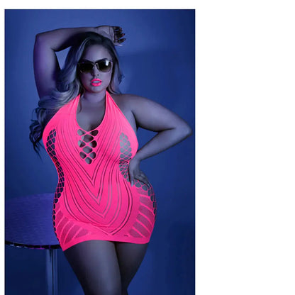 Plus Lingerie Dress Glow Shock Value Net Halter Dress Neon Pink  Lingerie - Dresses