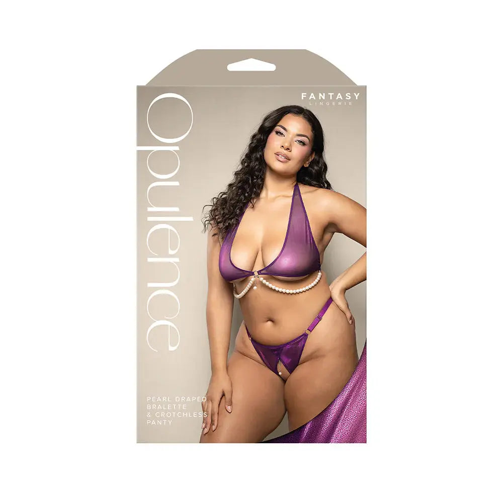 Plus Lingerie Opulence Foiled Mesh Halter Bralette with Pearl Underbust and Crotchless Panty Queen Size  Lingerie - Bra and Panty sets