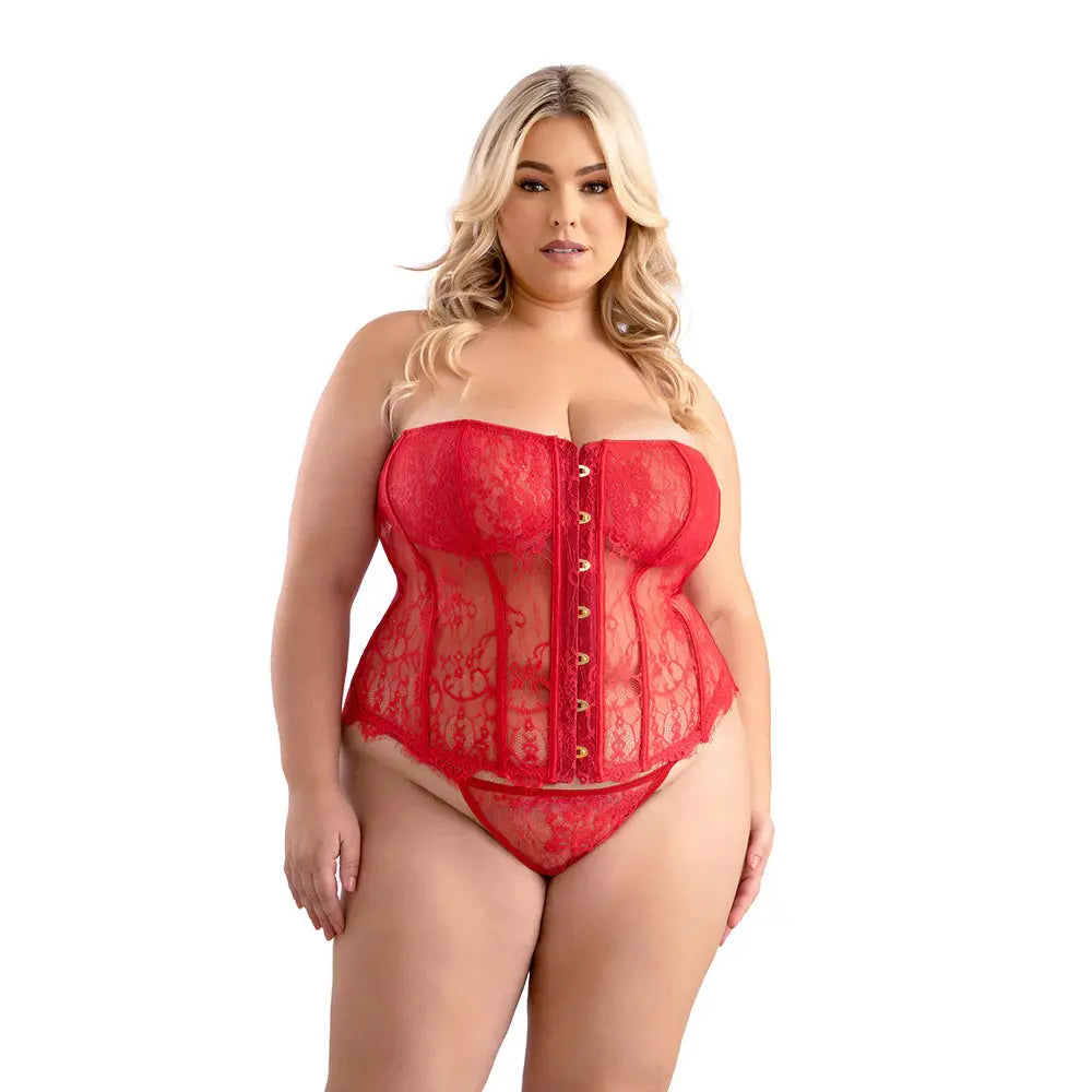 Plus Sexy Red Corset with Busk Front, Lace-Up Back & Matching G-String Panty 2XL  Lingerie - Corsets