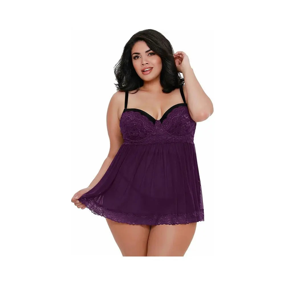 Plus Size Lingerie Babydoll Stretch Mesh and Lace Babydoll Plum Queen 2X  Lingerie - Baby dolls Chemises etc