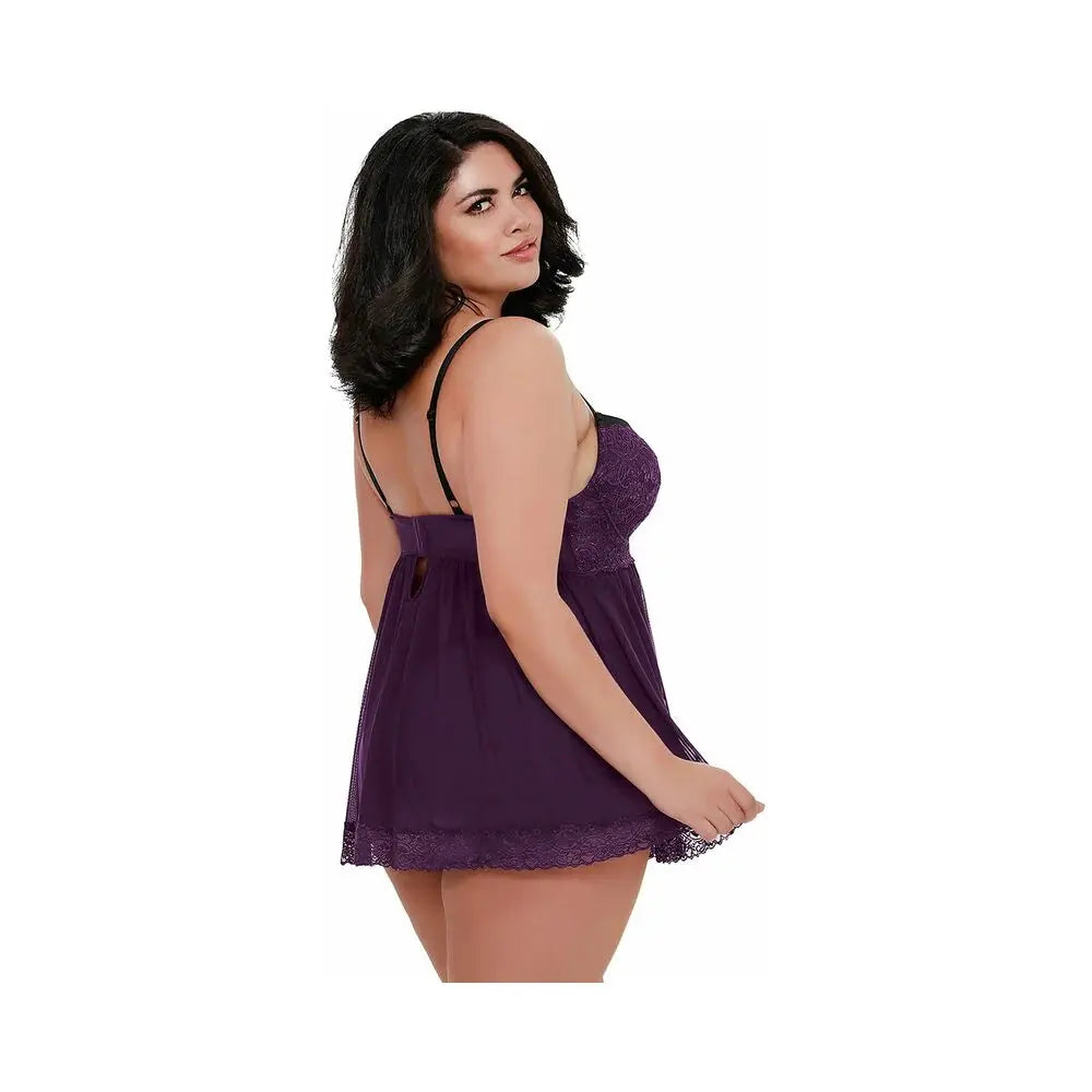 Plus Size Lingerie Babydoll Stretch Mesh and Lace Babydoll Plum Queen 2X  Lingerie - Baby dolls Chemises etc