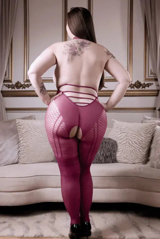Plus Size Lingerie Bad Habit Harness Stockings & Butterfly Pasties Set Magenta Queen  Lingerie - Stockings & Leggings