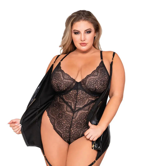 Plus Size Lingerie Double-Layer-Front Teddy and Slip with Attached Garters  Lingerie - Body Stockings