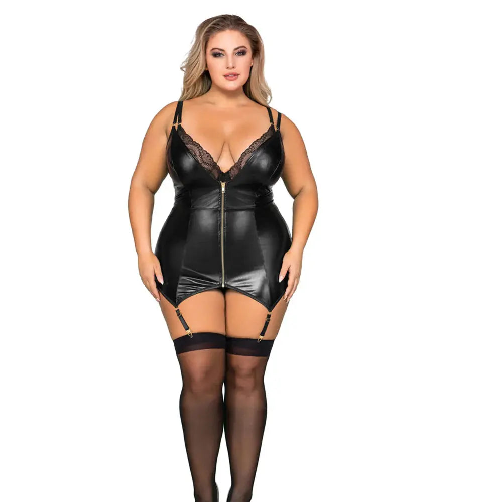 Plus Size Lingerie Double-Layer-Front Teddy and Slip with Attached Garters  Lingerie - Body Stockings