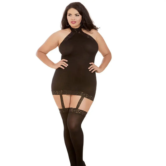 Plus Size Lingerie Semi-Sheer Halter Garter Dress With Snap-Neck Closure and Thigh-Highs  Lingerie - Dresses