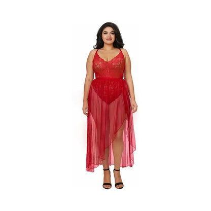 Plus Size Lingerie Teddy & Sheer Mesh Maxi Skirt With G-String Red Queen 2X  Lingerie - Baby dolls Chemises etc