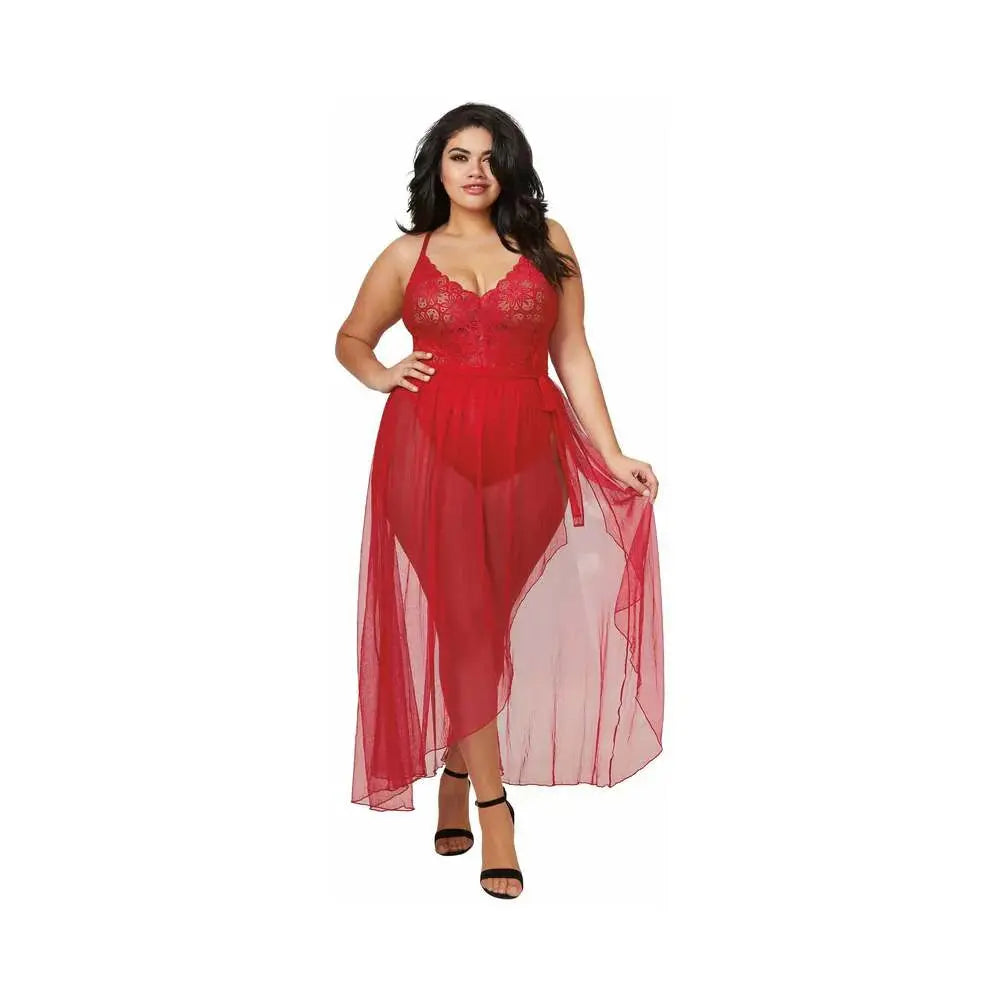 Plus Size Lingerie Teddy & Sheer Mesh Maxi Skirt With G-String Red Queen 2X  Lingerie - Baby dolls Chemises etc