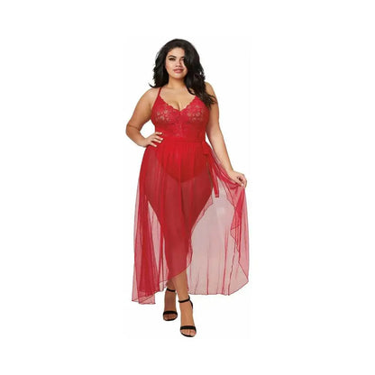 Plus Size Lingerie Teddy & Sheer Mesh Maxi Skirt With G-String Red Queen 2X  Lingerie - Baby dolls Chemises etc