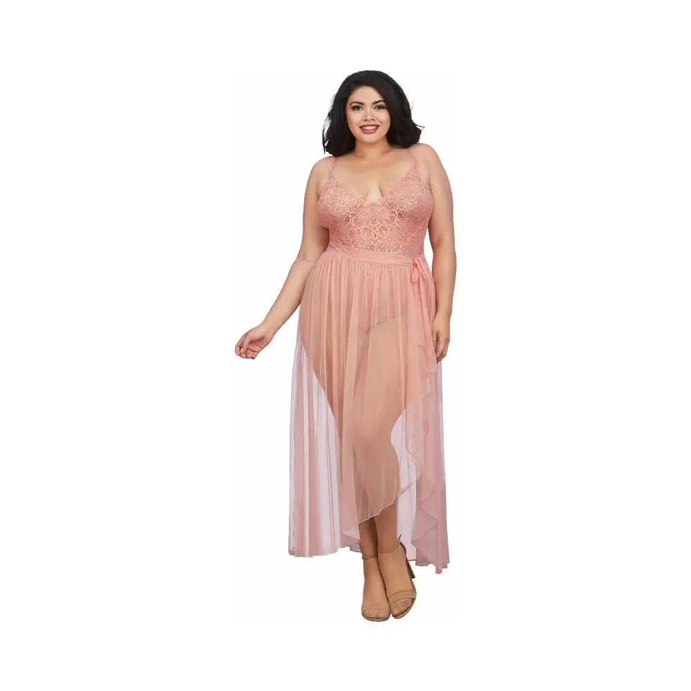 Plus Size Lingerie Teddy & Sheer Mesh Maxi Skirt With G-String Rose Queen 2X  Lingerie - Baby dolls Chemises etc