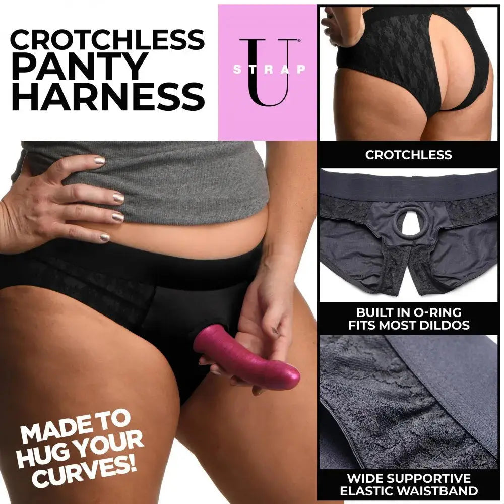 Plus Size Panty Strapon Harness - Lace Envy Black Crotchless Panty Harness - 3XL  Strap-Ons and Harnesses