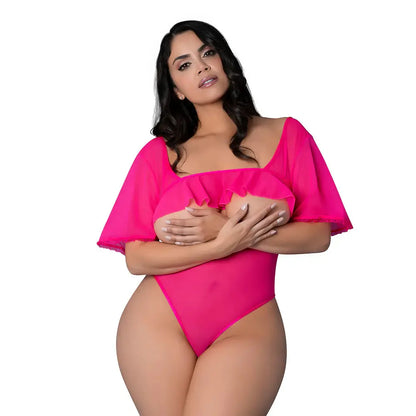 Plus Size Pink Kink Flutter Sleeve Teddy Pink Glow Queen Size  Lingerie - Body Stockings