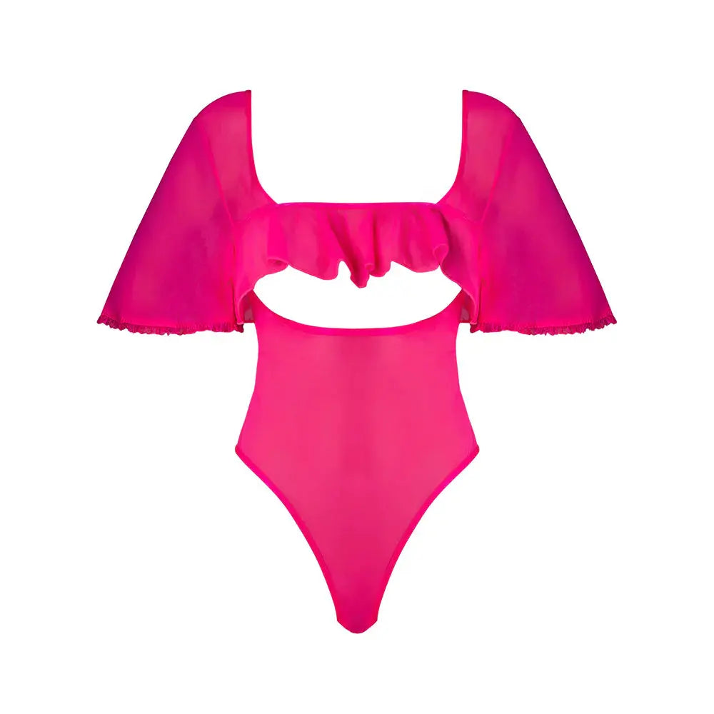 Plus Size Pink Kink Flutter Sleeve Teddy Pink Glow Queen Size  Lingerie - Body Stockings