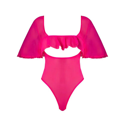 Plus Size Pink Kink Flutter Sleeve Teddy Pink Glow Queen Size  Lingerie - Body Stockings