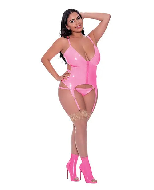 Plus Size Pink Wet Look Lingerie Hard Candy Basque & Cheeky Panty Pink Queen Size  Lingerie - Corsets